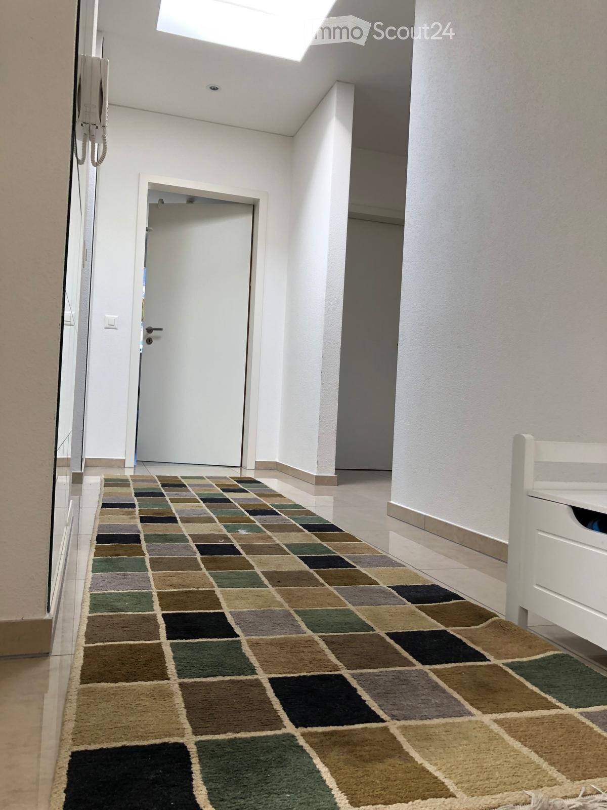 A narrow hallway with a patterned carpet, white walls, and a closed door at the end. The ceiling has a skylight and recessed lighting.
