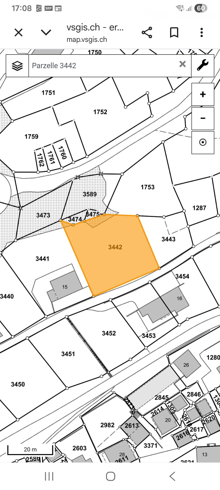 Map showing parcel3442 highlighted in orange, surrounded by other numbered parcels and streets.