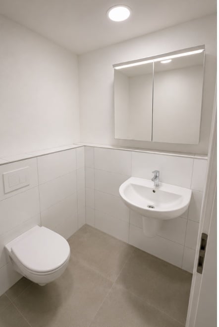 Modern bathroom with white tiles, a toilet, a sink, and a large mirror with integrated lighting.