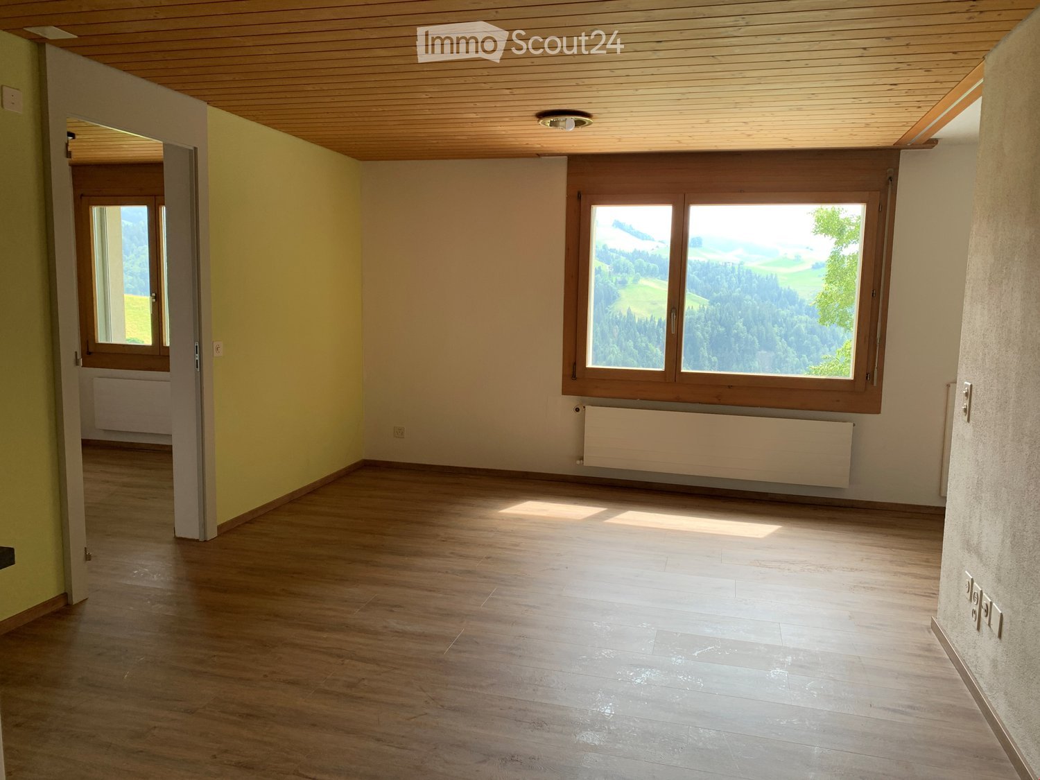 Empty room with wooden flooring, light-colored walls, large windows offering scenic views, and a radiator under one window.