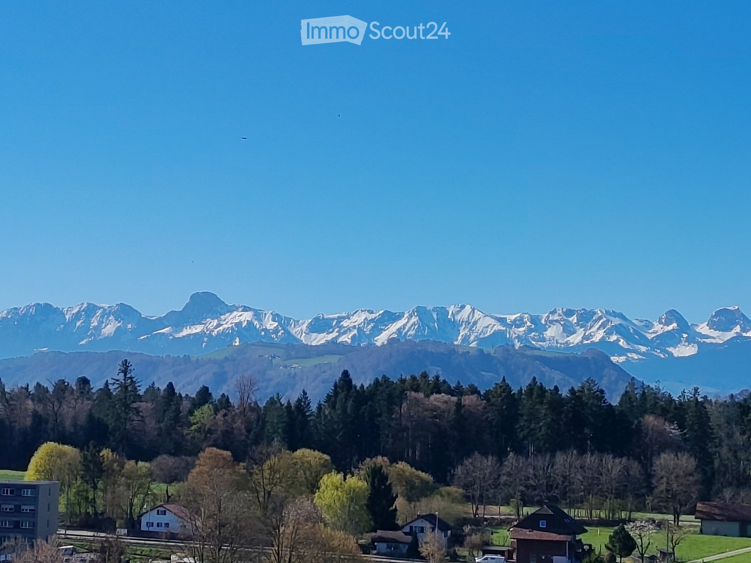 Scenic view of a village with houses, trees, and snow-capped mountains in the background under a clear blue sky.