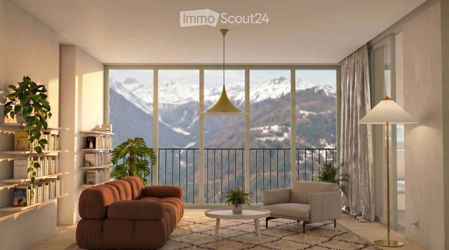 Modern living room with large windows offering a mountain view, featuring a brown sectional sofa, a grey armchair, a white coffee table, a bookshelf, and floor and table lamps.