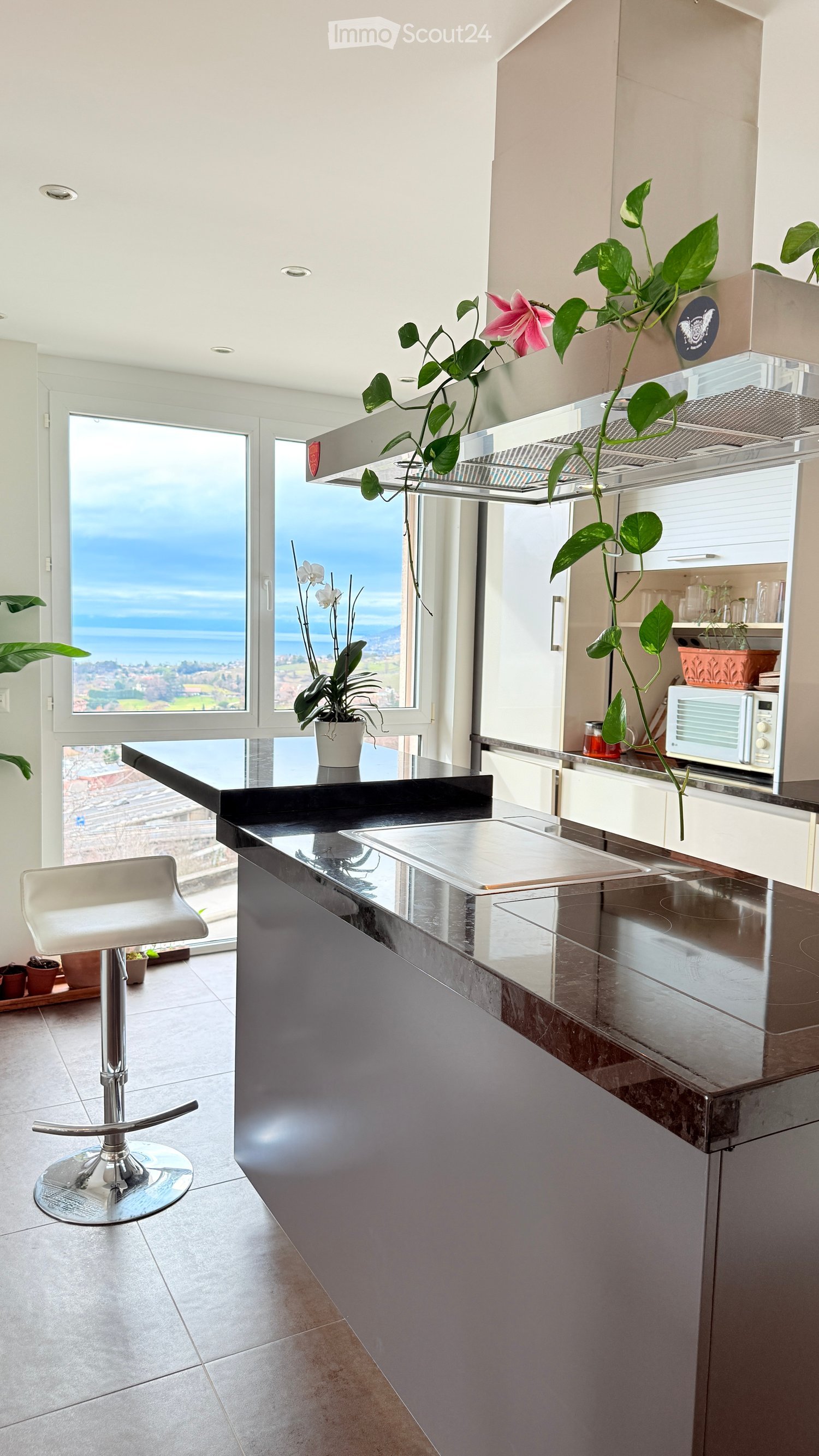 Modern kitchen with a black countertop, white cabinets, a microwave, a potted plant, and a view of the ocean through large windows.