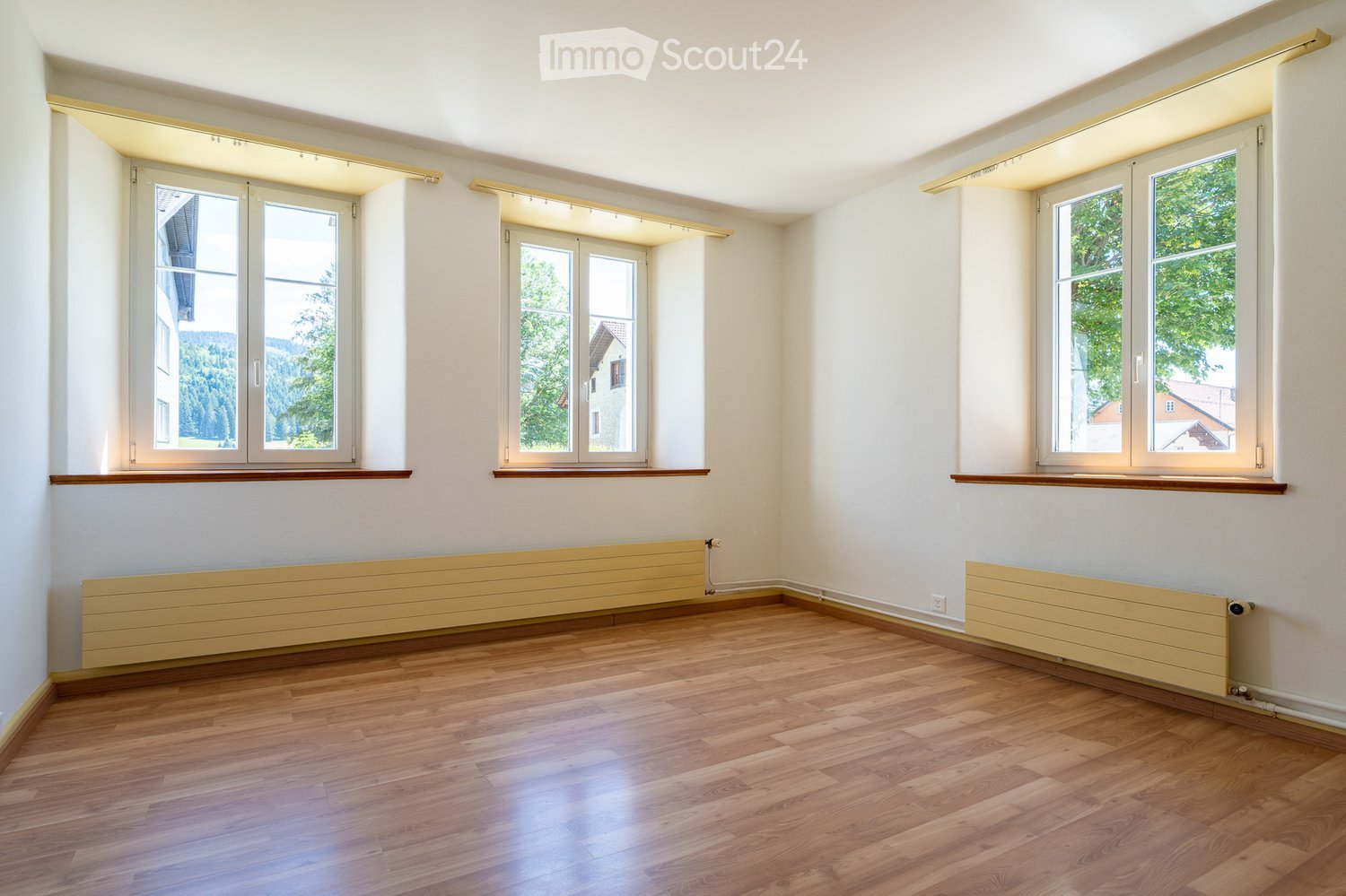 Empty room with wooden flooring, white walls, large windows, and radiators.
