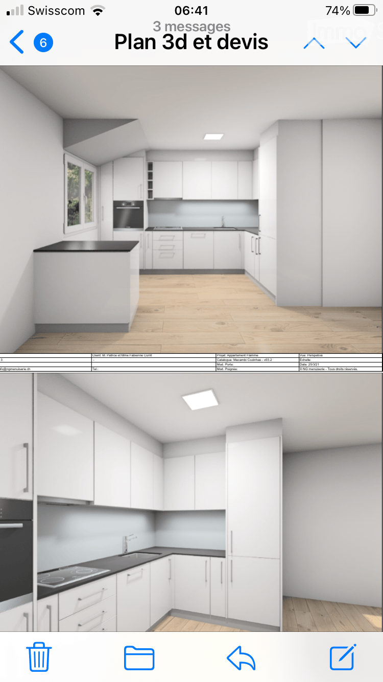 3D render of a modern kitchen with white cabinets, black countertops, and wooden flooring. Includes built-in oven, sink, and various storage units.