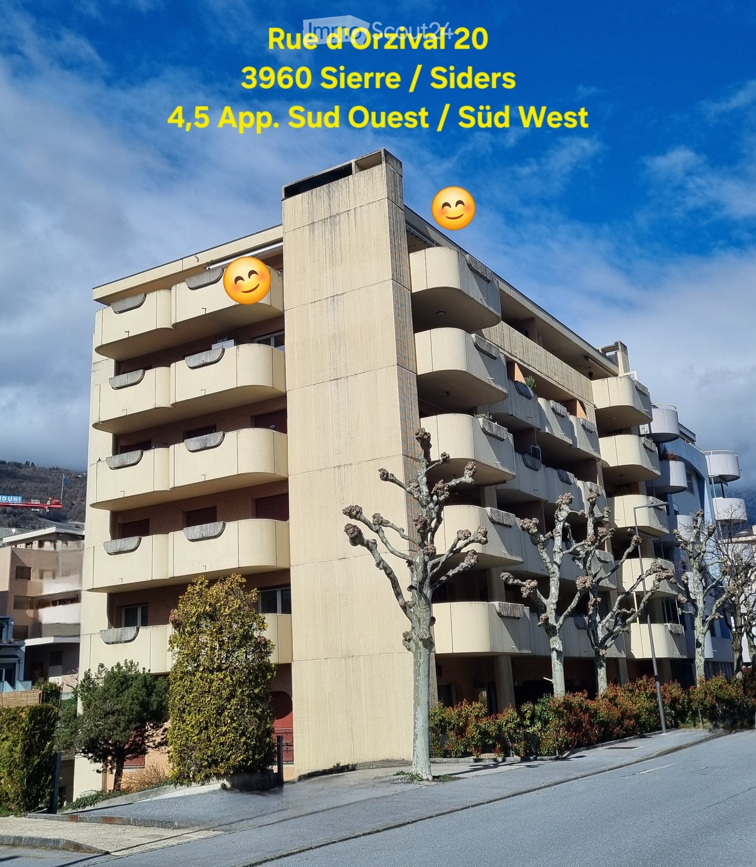 Apartment building, multiple floors, balconies, beige exterior, street view