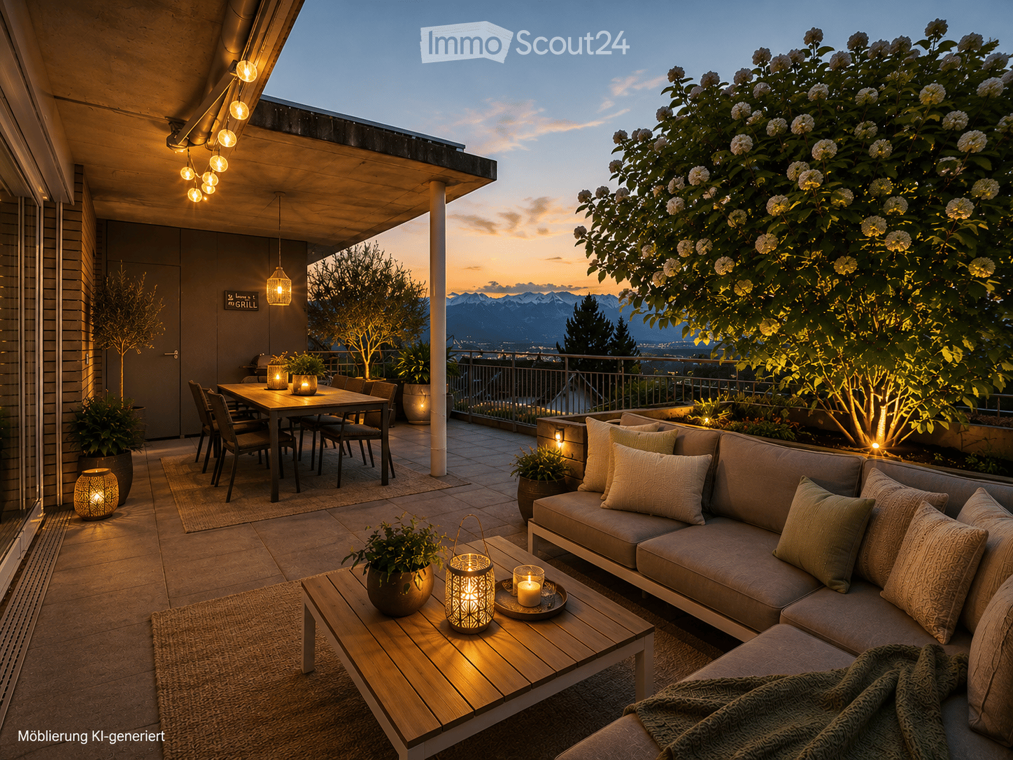 Well-lit balcony with a sofa, coffee table, dining table, and chairs, surrounded by plants and a scenic mountain view.