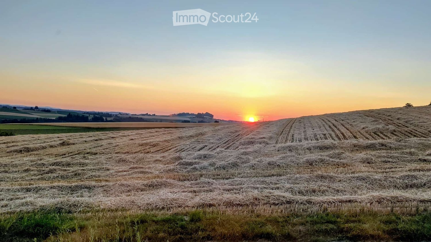 A vast field of harvested crops with visible rows, surrounded by distant hills and a setting sun casting warm light across the landscape.