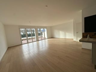Bright, unfurnished room with large glass doors leading to a balcony, wooden flooring, and white walls.