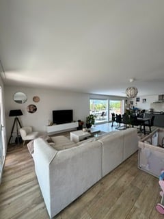 Bright, modern living room with large windows and a balcony. Features a grey sectional sofa, coffee table, armchair, and a dining area with a table and chairs.