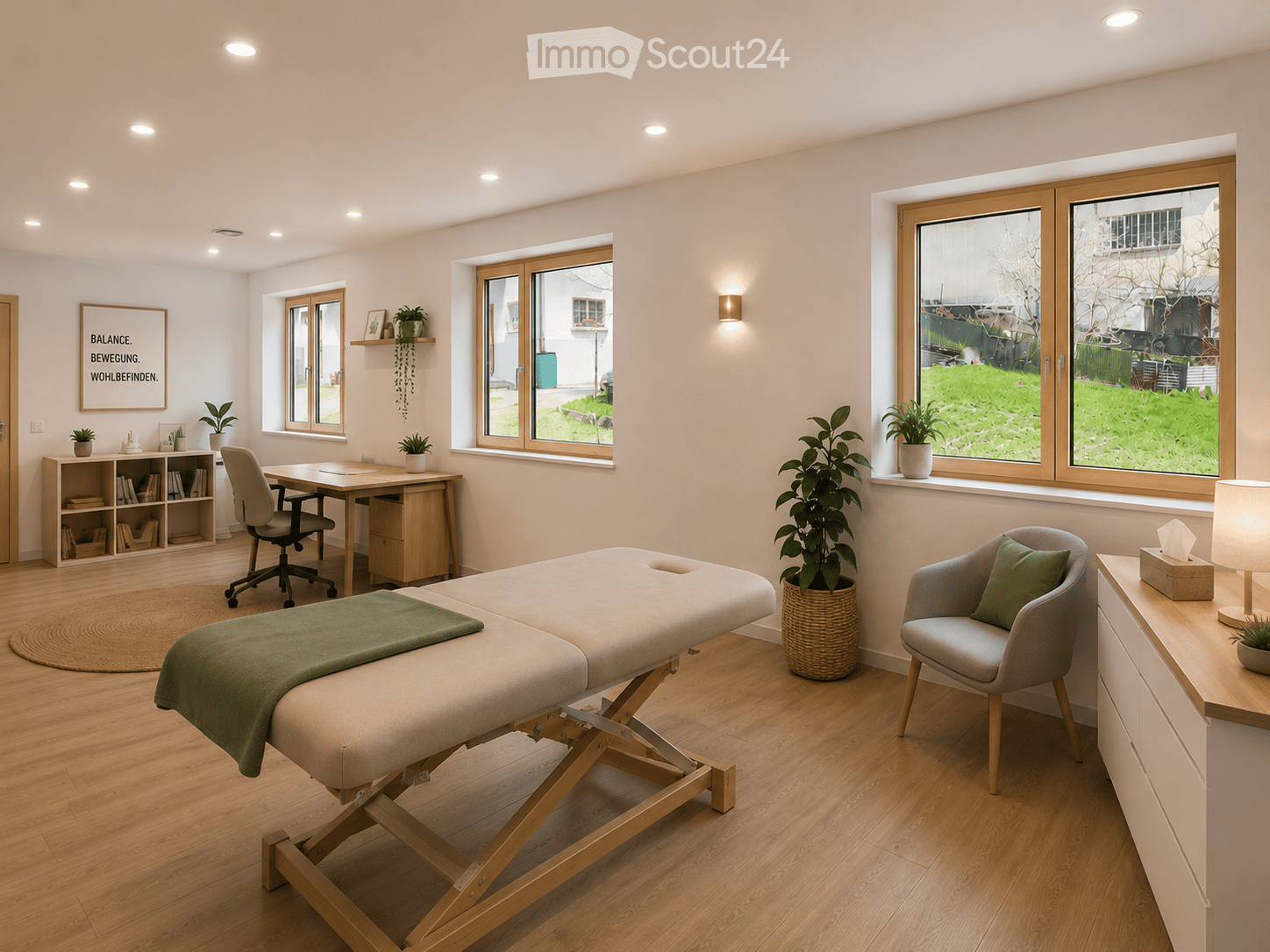Bright, modern room with wooden flooring, large windows, massage table, desk, office chair, bookshelf, and plants.