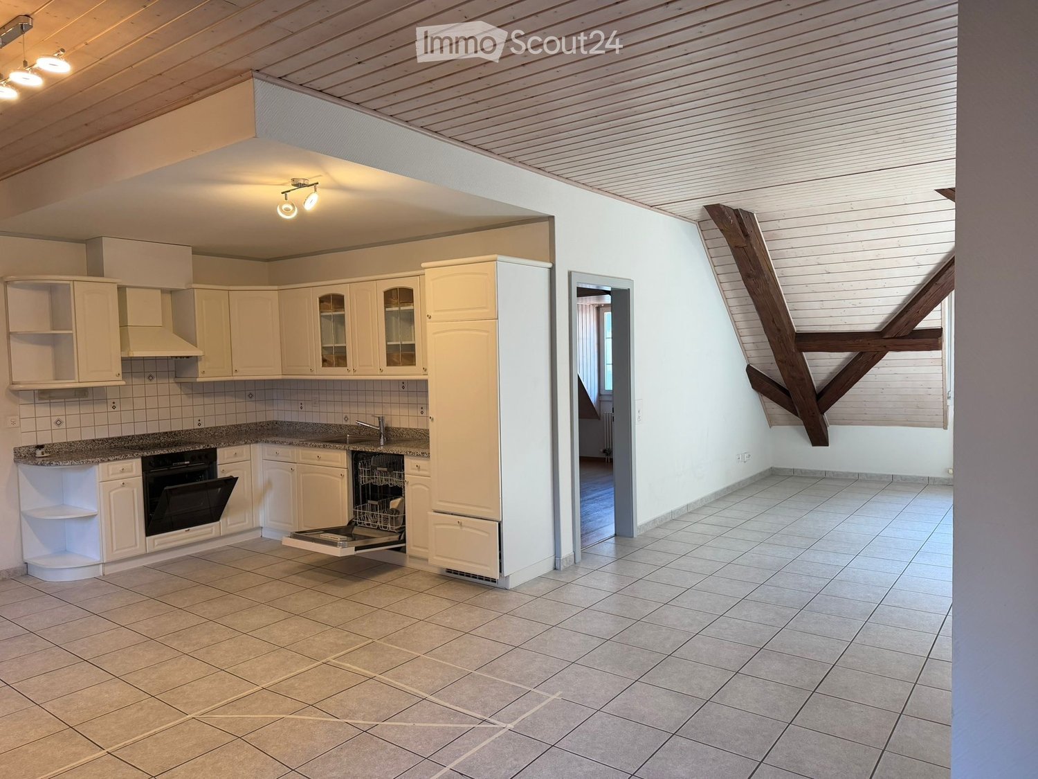 modern kitchen with white cabinets, granite countertops, dishwasher, oven, sink, wooden ceiling