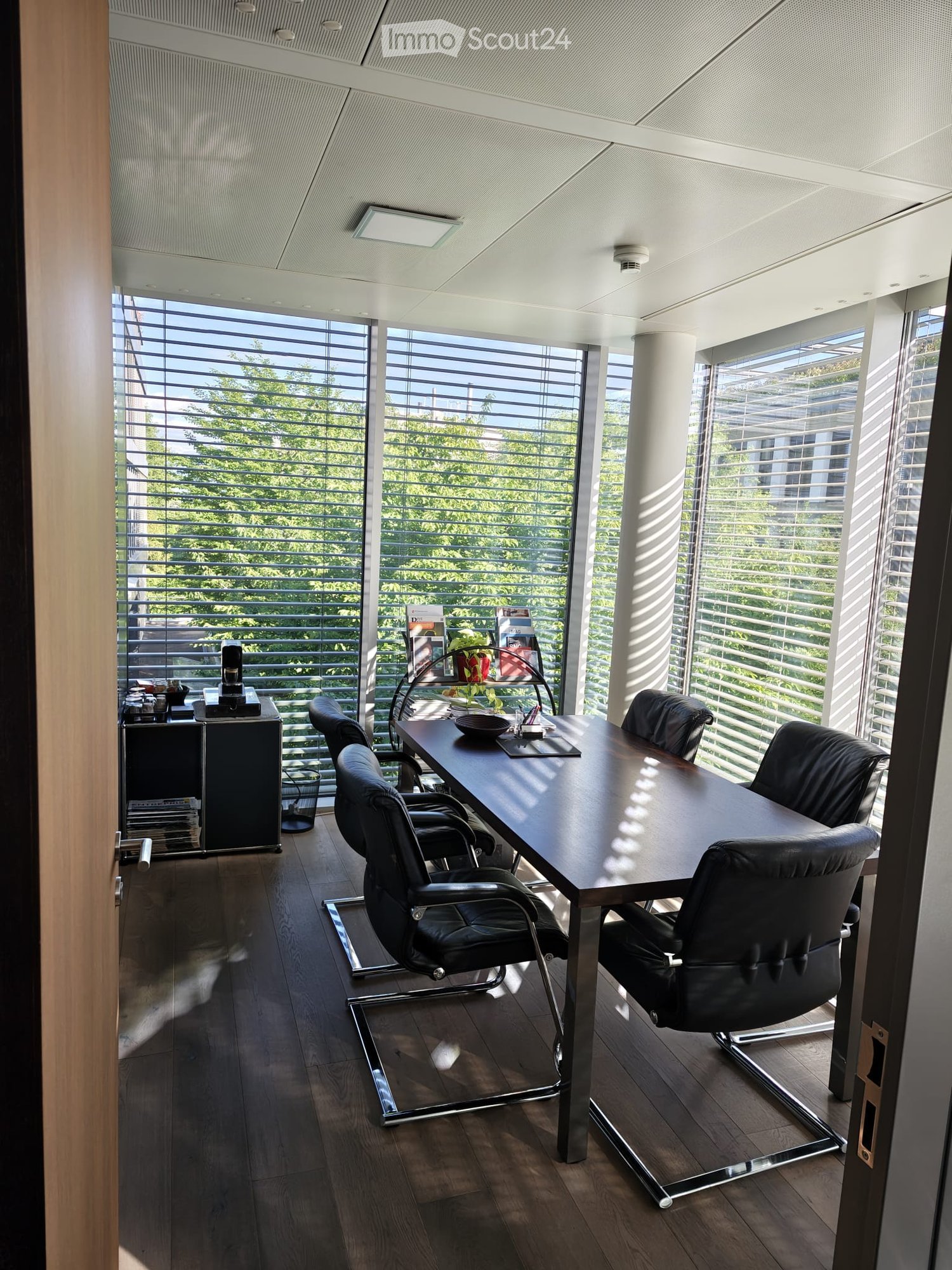 Modern office space with large windows, wooden floor, black leather chairs, a long table, a small cabinet, and a potted plant.