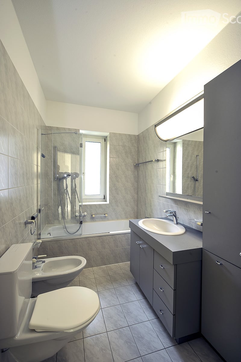 Modern bathroom with grey tiles, a bathtub, toilet, sink, and a large mirror above the sink. The shower area is enclosed with a glass door and has a window for natural light.