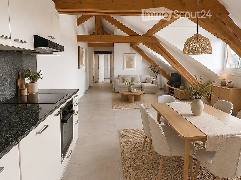 Open-plan living and dining area with exposed wooden beams, modern kitchen, sofa, coffee table, dining table, and chairs.