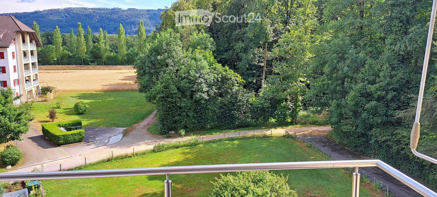 A well-maintained garden area with a lawn, pathways, and surrounding trees, offering a scenic view of a building and distant hills.