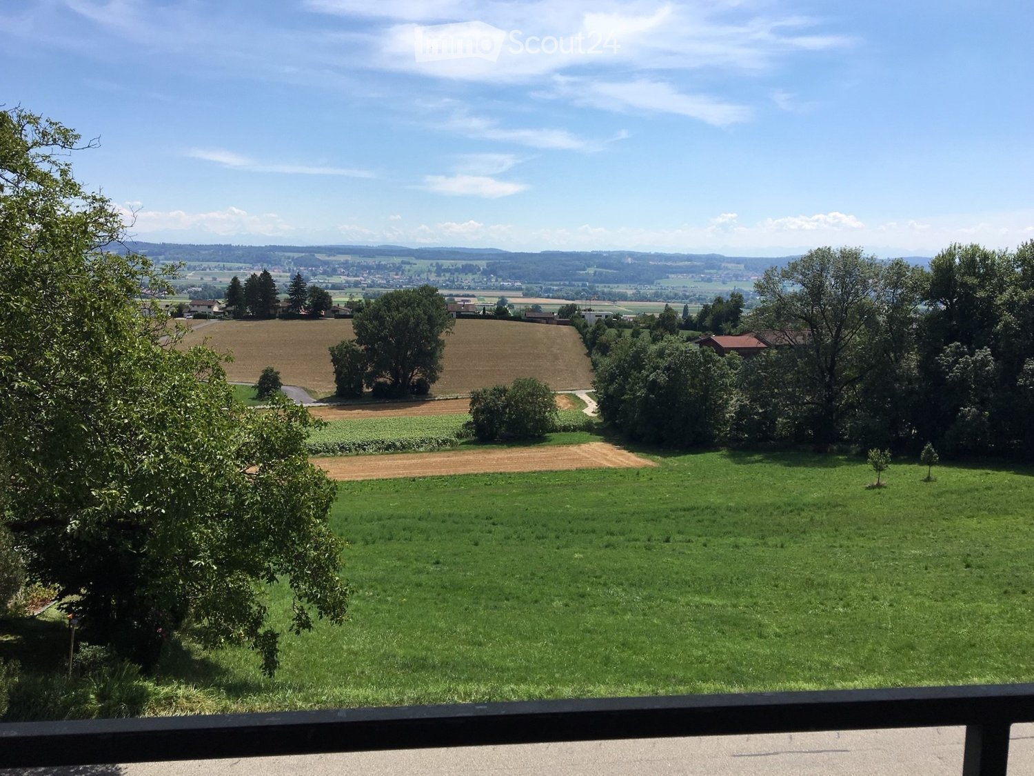 A panoramic view of a lush green landscape with fields, trees, and distant hills under a clear blue sky.