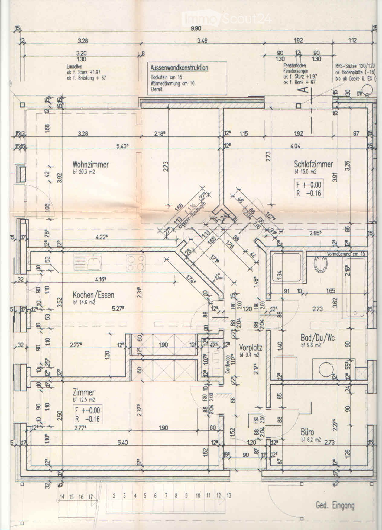 Floor plan showing a living room, kitchen, bedroom, bathroom, and office. Dimensions and measurements are labeled throughout.