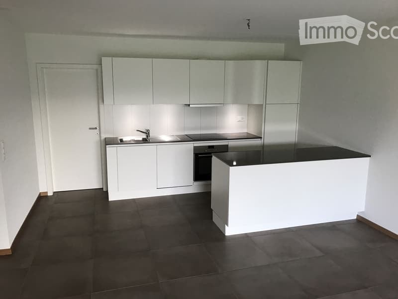 Modern kitchen with white cabinets, stainless steel appliances, and a black countertop. Features a sink with a faucet, an oven, and a central island.