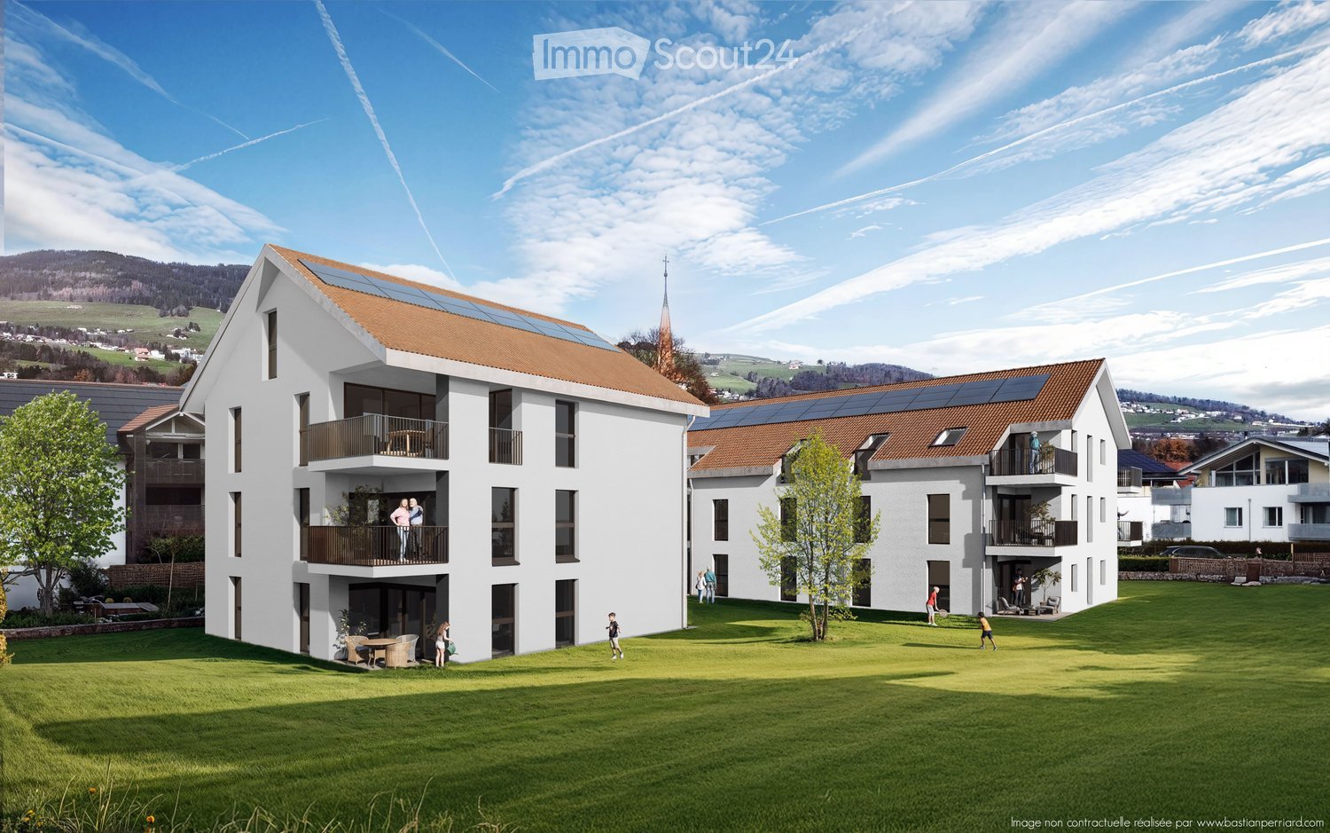 Modern two-story residential building with white exterior, solar panels on the roof, balconies, and a spacious green lawn in front.
