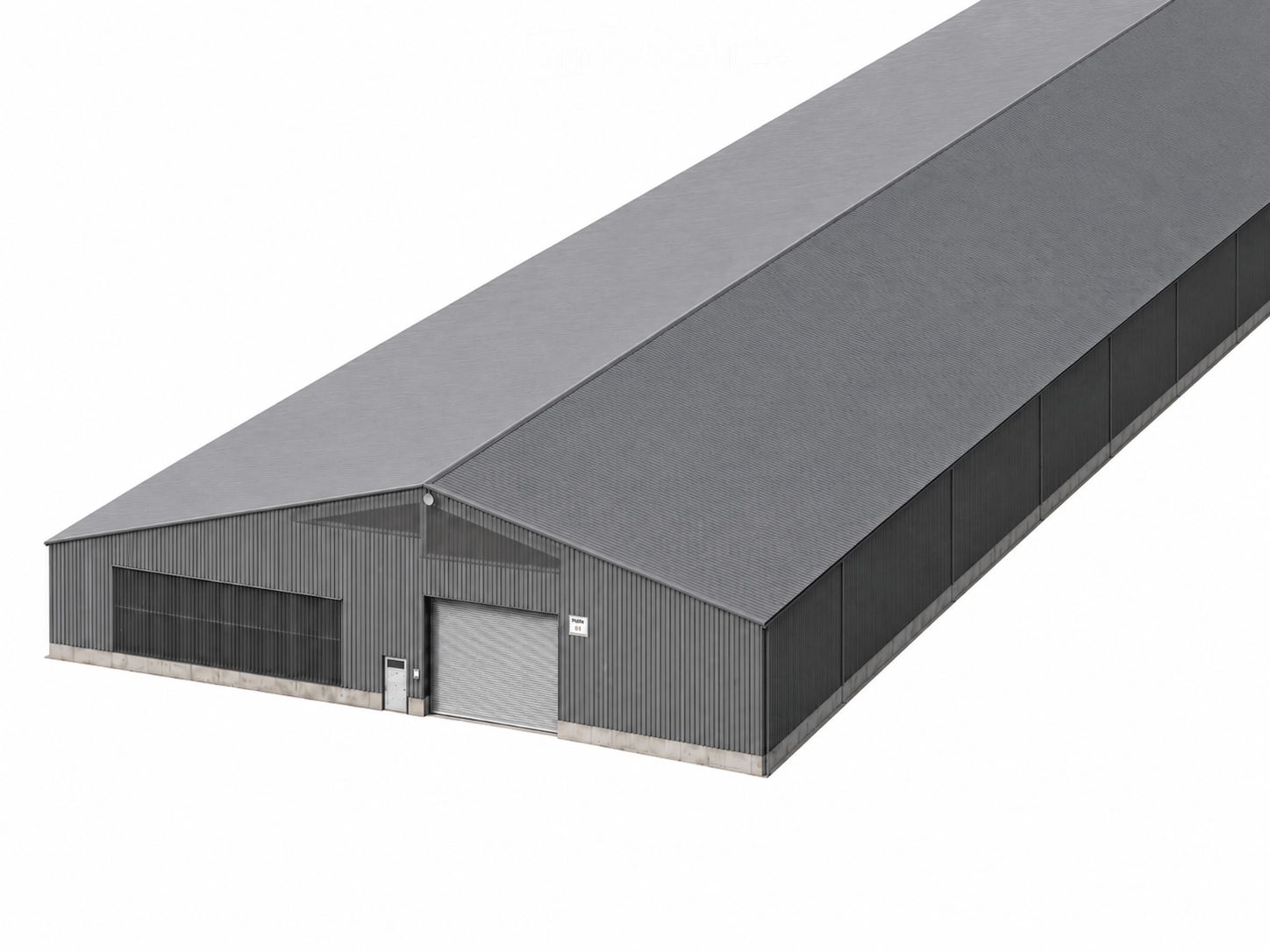 A modern industrial-style building with a grey metal exterior, large garage door, and a sloped roof.