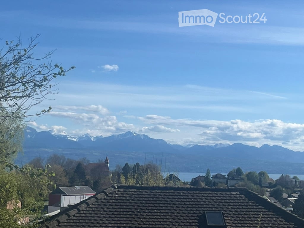 Panoramic view of a town with snow-capped mountains and a lake in the background, visible from a rooftop.