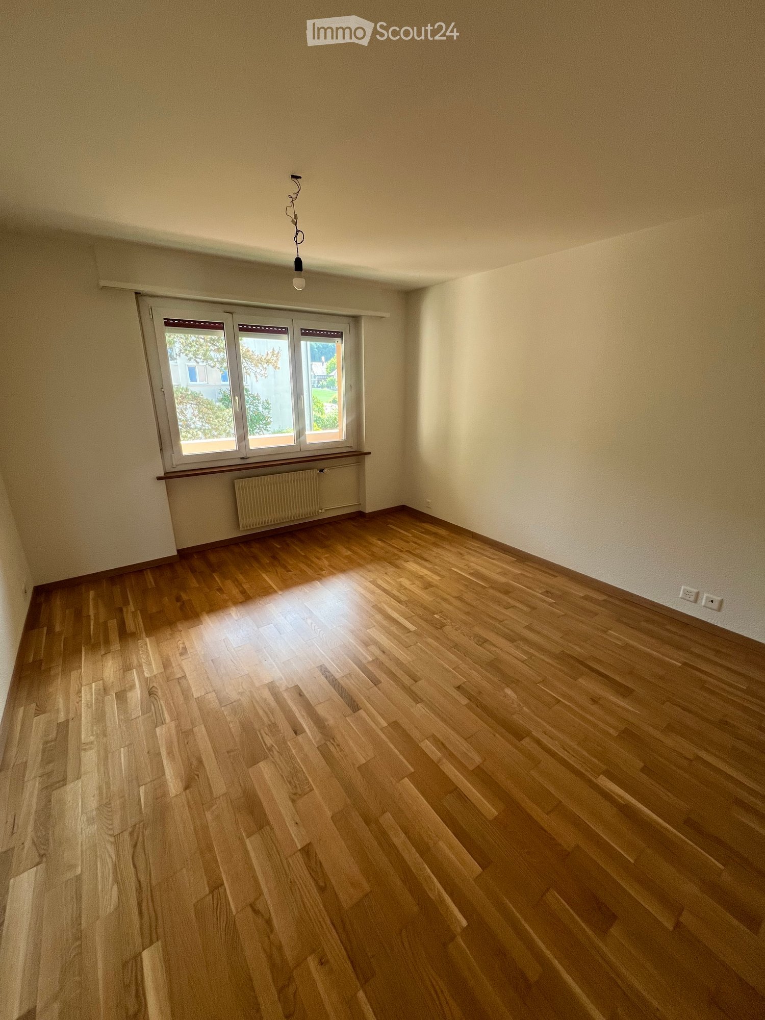 Empty room with wooden flooring, white walls, and large windows with blinds. A radiator is visible below the windows, and a single light fixture hangs from the ceiling.