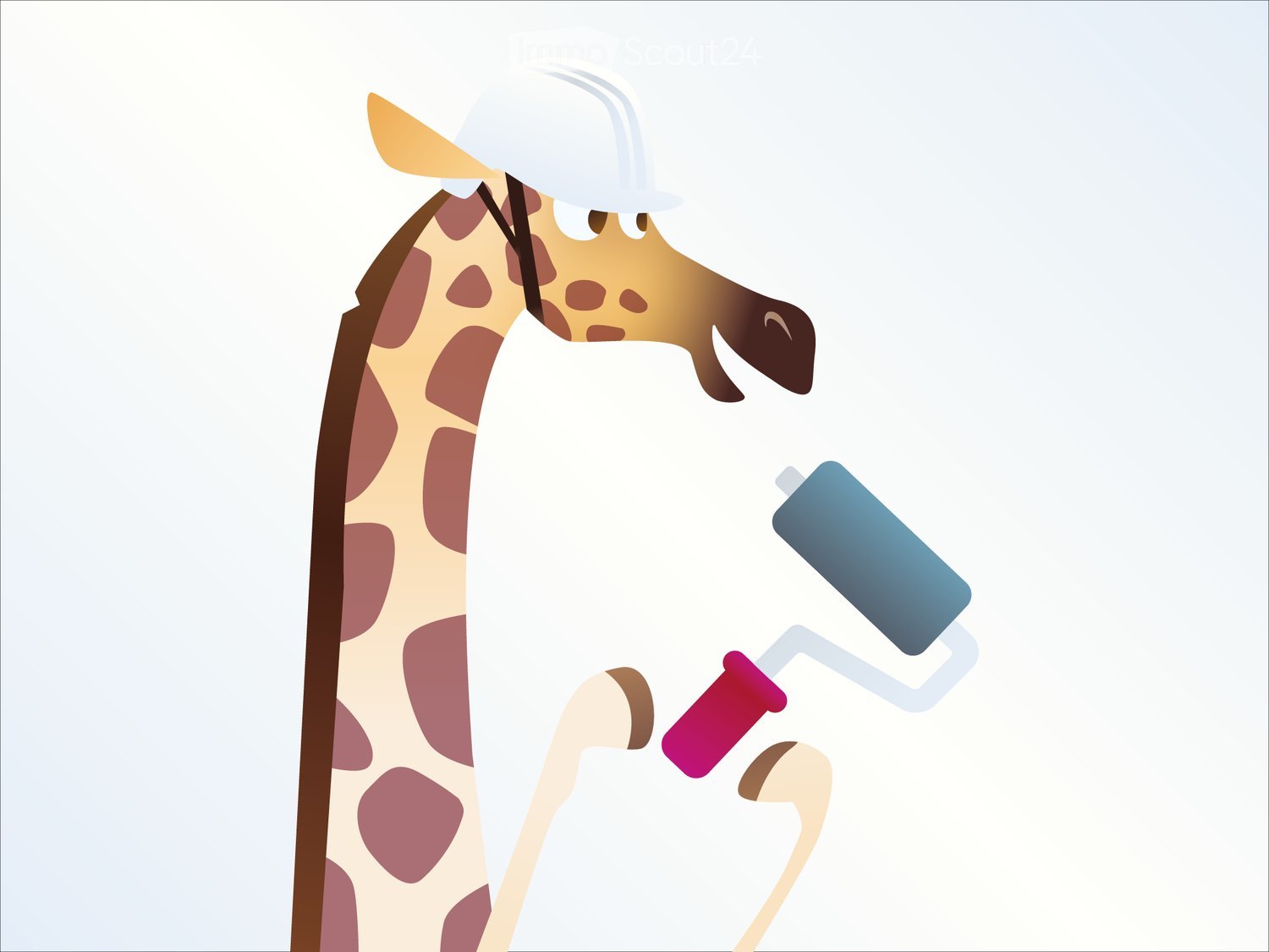 A giraffe wearing a hard hat is holding a paint roller, suggesting a construction or renovation theme.