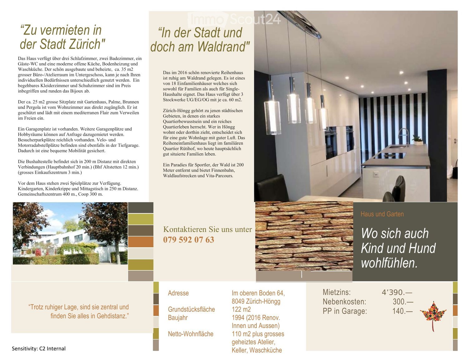 Brochure page showcasing a modern house in Zurich-Höngg, featuring three bedrooms, two bathrooms, a guest WC, a modern open kitchen, and a large office/studio space in the basement. Includes a large patio with a garden house, palm trees, and a pergola. Th