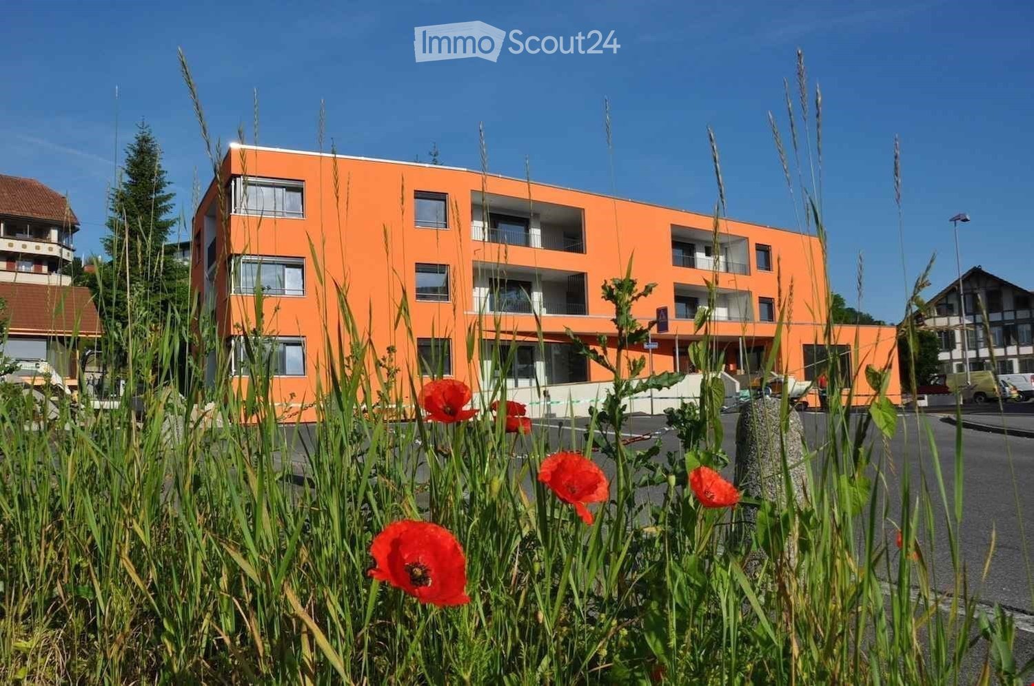 Modern orange-colored apartment building with multiple windows and balconies, surrounded by tall grass and red flowers in the foreground.