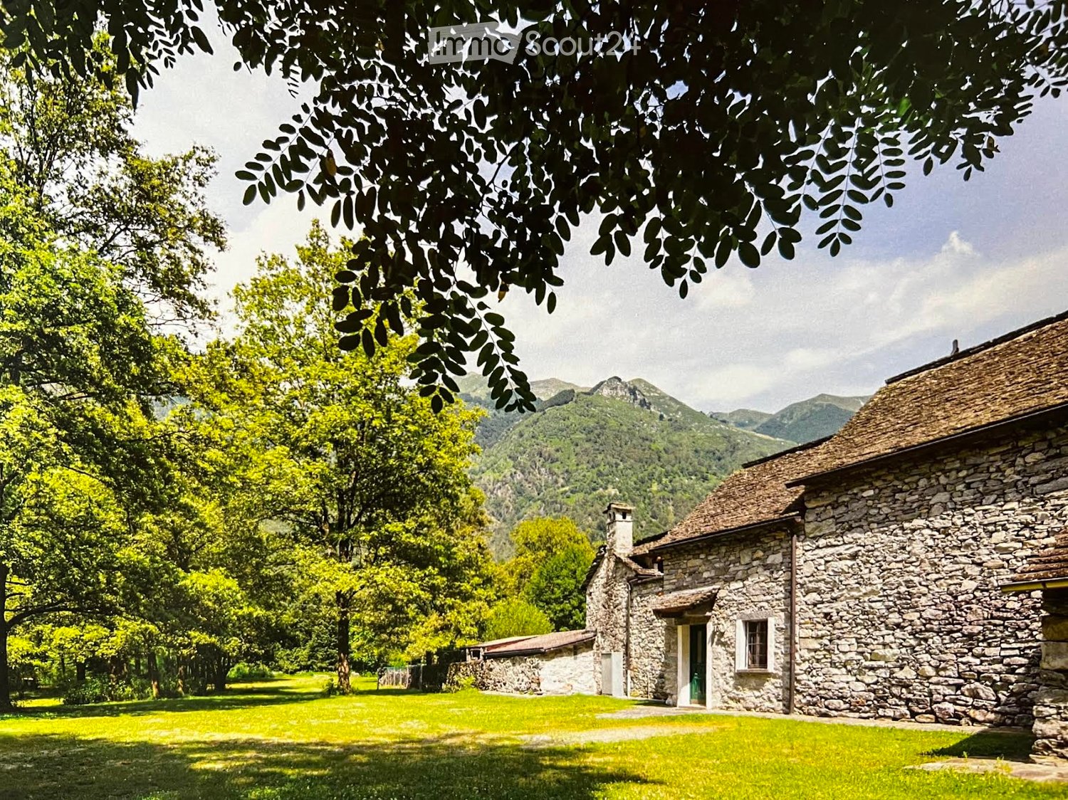 Stone house with a thatched roof, surrounded by lush green trees and a grassy field, with mountains in the background.