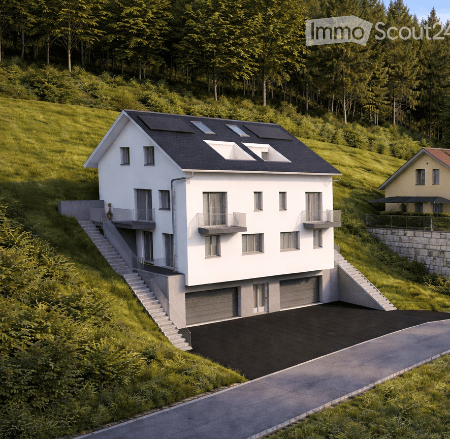 Modern two-story house with white exterior, multiple balconies, and a garage. The house is situated on a raised ground floor with a driveway and parking area.