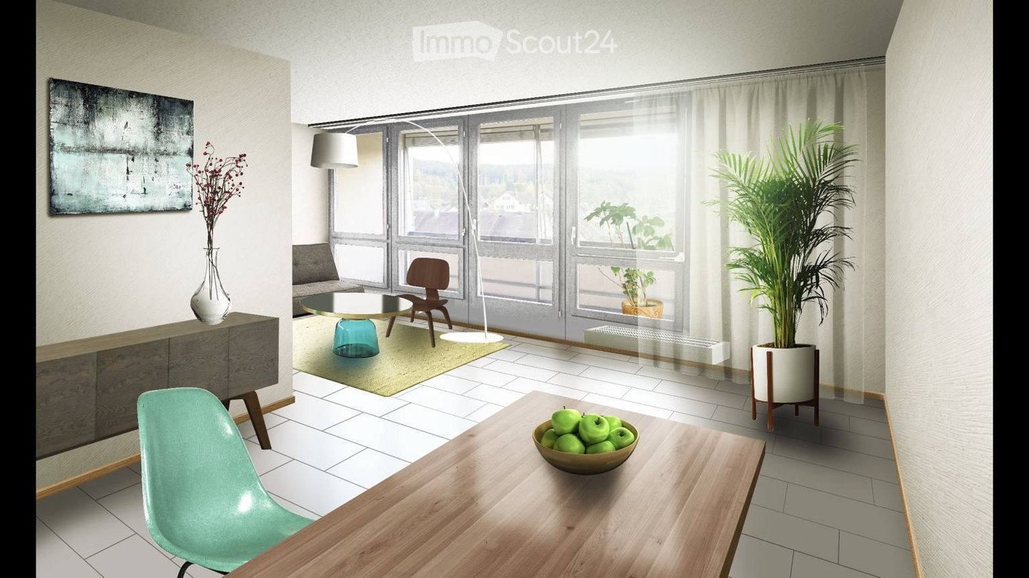 Modern living room with large windows, a sofa, a coffee table, a dining table, chairs, a floor lamp, a vase with flowers, a painting, and a bowl of apples on a side table.
