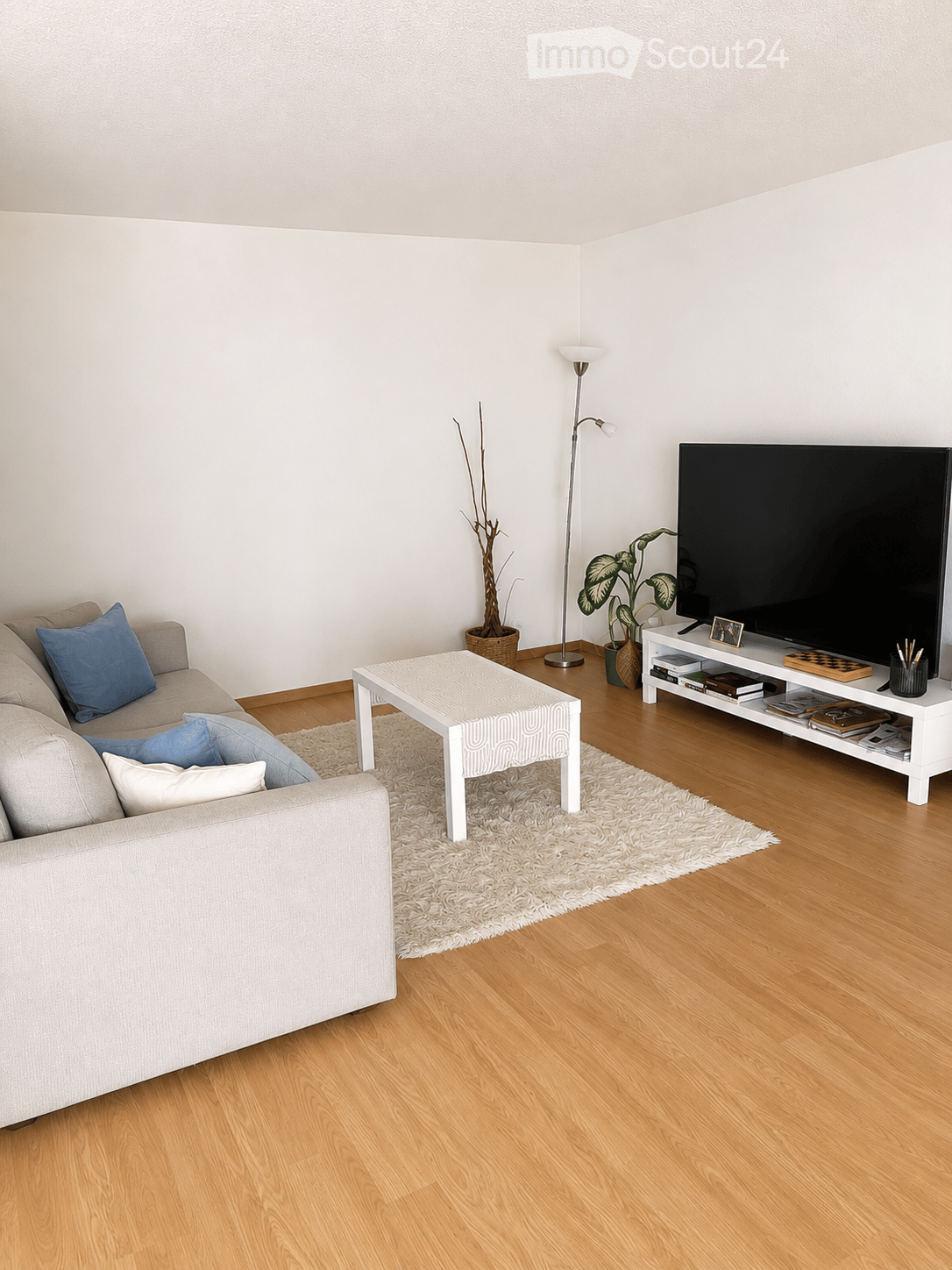 Modern living room with light wooden flooring, a grey sofa with blue pillows, a white coffee table, a TV stand with a flat-screen TV, and a floor lamp.