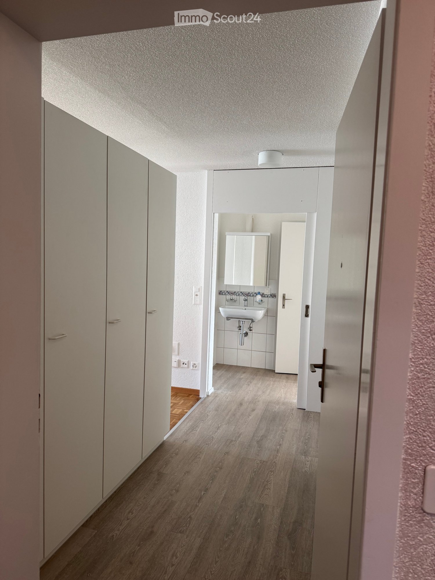 A narrow hallway with wooden flooring, white walls, and a small adjacent bathroom featuring a sink, mirror, and tiled walls.
