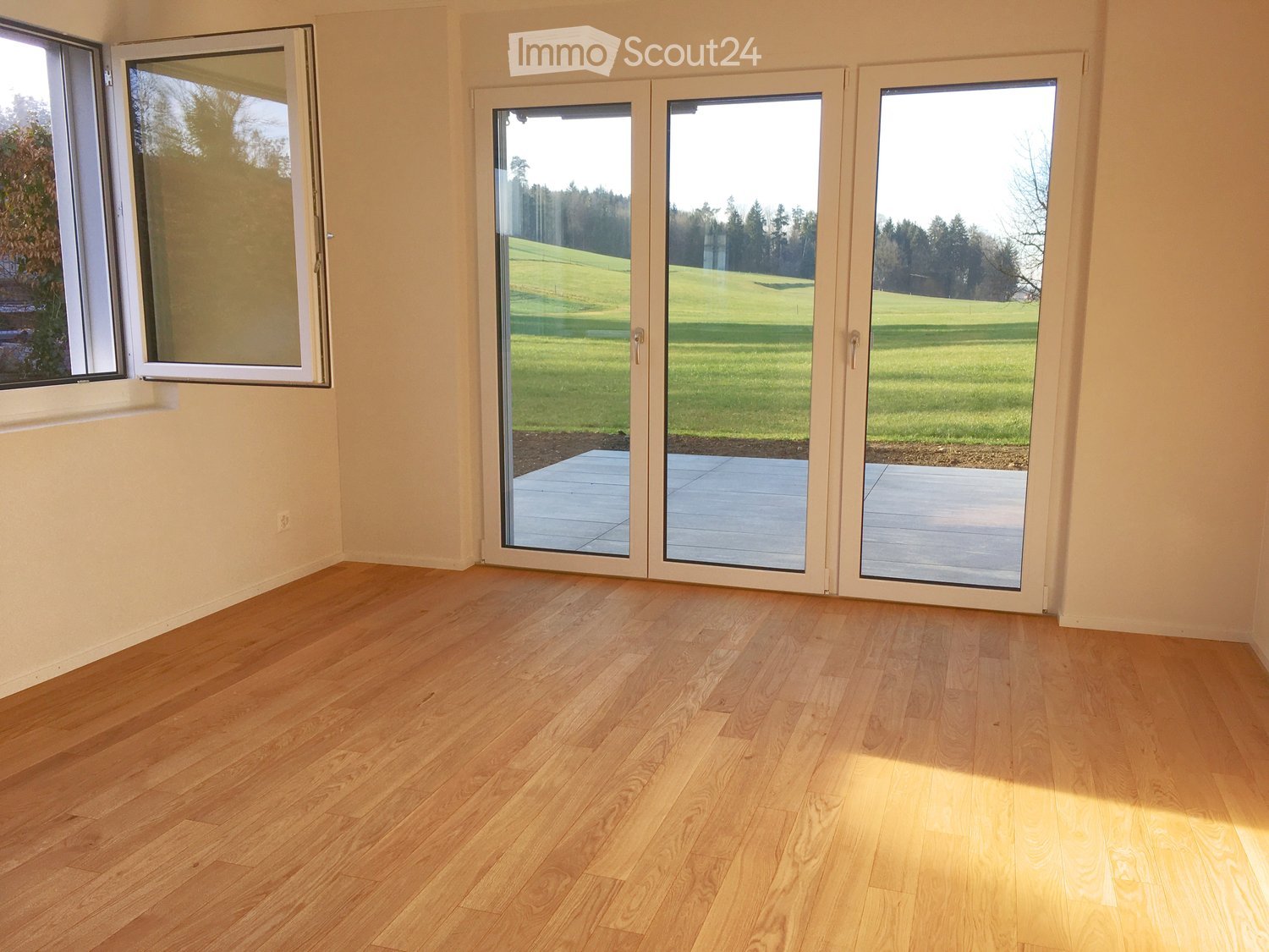 Empty room with light wooden flooring and large sliding glass doors opening to a grassy outdoor area.