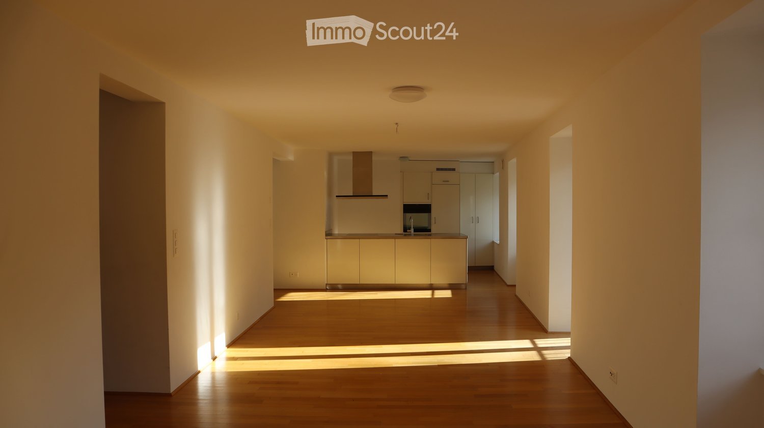 Empty hallway with wooden floor, white walls, kitchen with cabinets, sink, and oven, and a ceiling light.