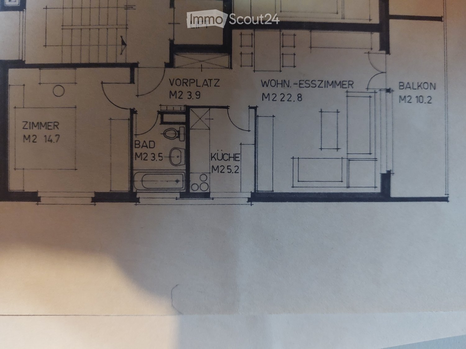 Floor plan showing a room layout with a living-dining room, kitchen, bathroom, bedroom, entrance area, and balcony.