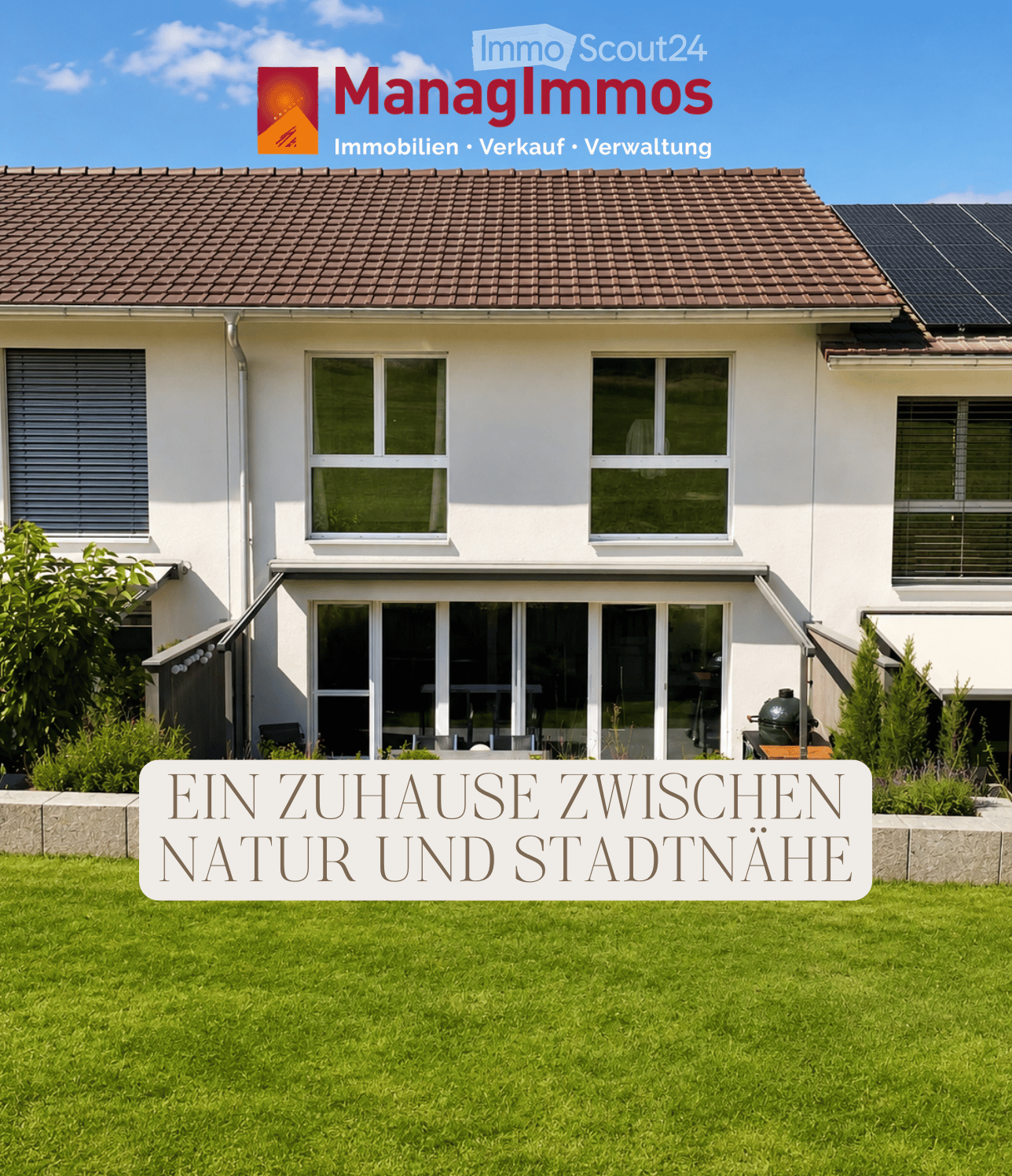 Two-story house with white exterior, brown tiled roof, multiple windows, solar panels on the roof, and a well-maintained lawn in front.