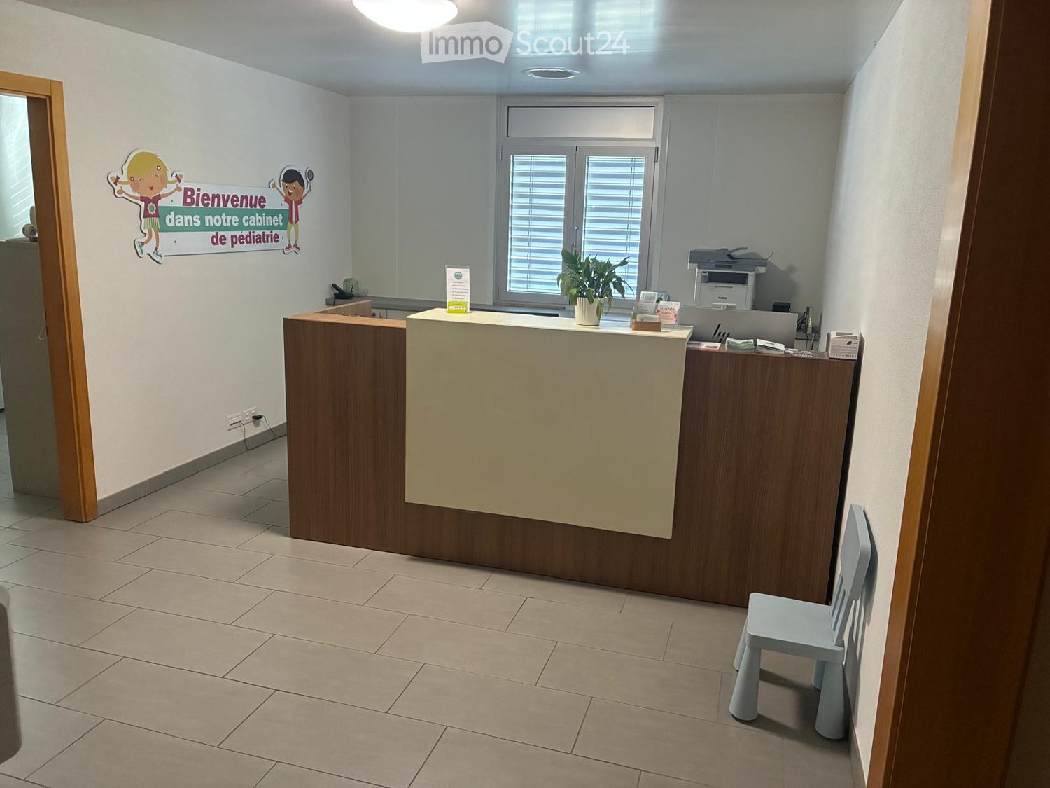 Reception area with a reception desk, a small chair, a potted plant, a printer, and a screen on the desk.