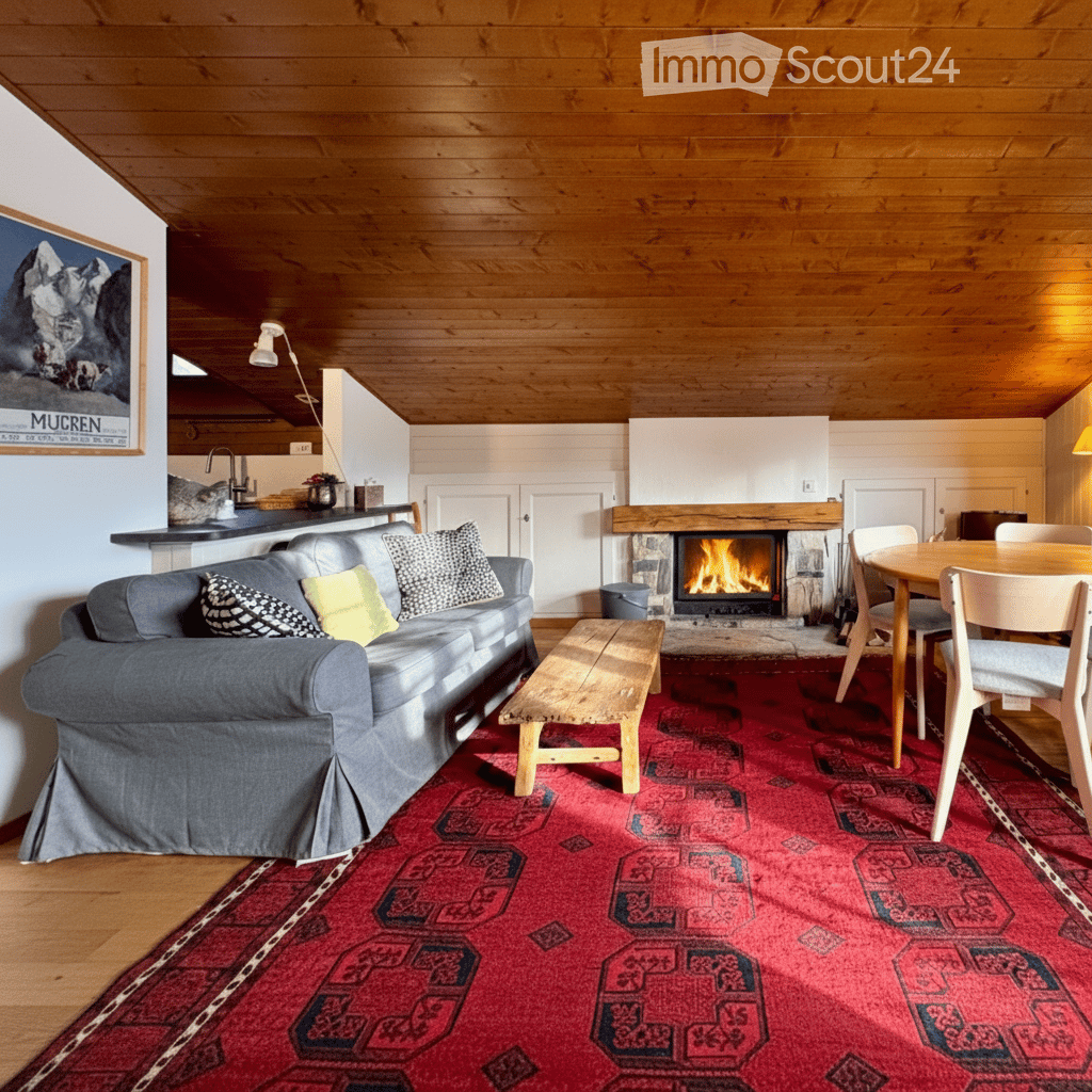 Cozy living room with wooden beams, a fireplace, a grey sofa, a wooden coffee table, and a dining area with a table and chairs.
