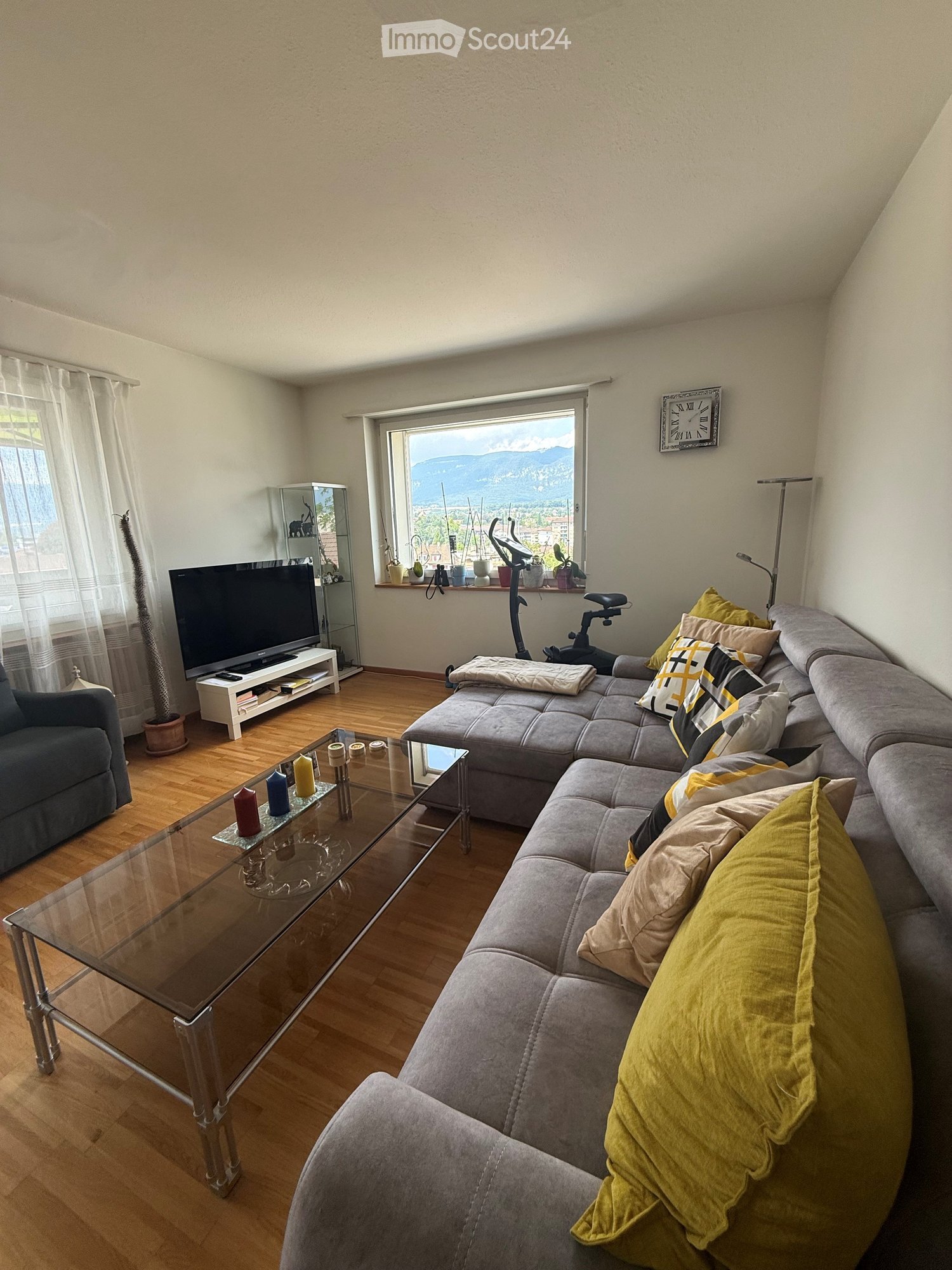 Modern living room with a grey sectional sofa, glass coffee table, TV, exercise bike, and a view of mountains through large windows.