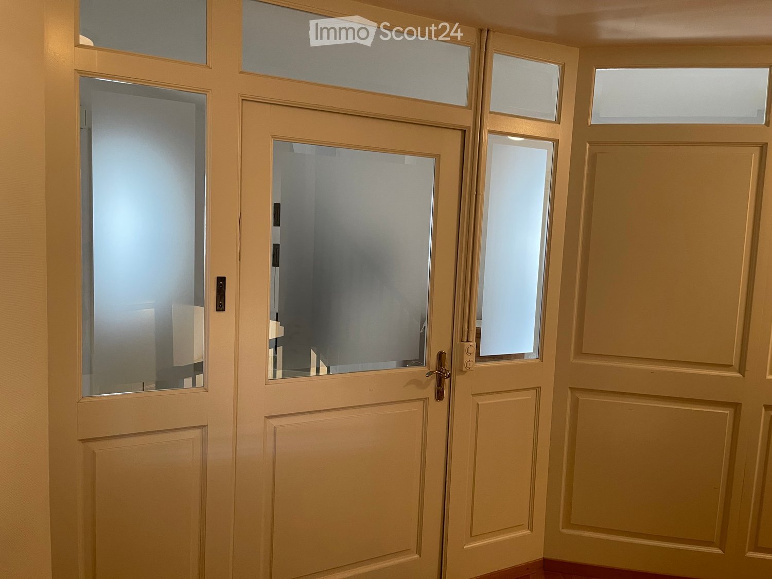 A hallway with multiple doors, including a central frosted glass door and several wooden doors with glass panels, light-colored walls, and a wooden floor.