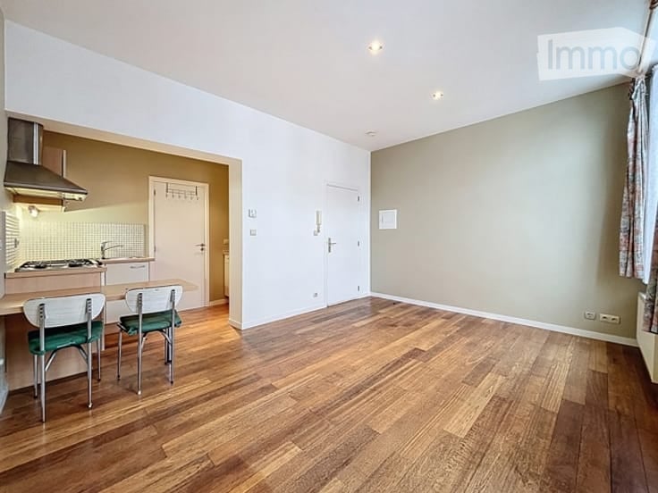 Open-plan living and dining area with wooden flooring, white walls, and a small kitchen area featuring a stove, range hood, and sink. Two chairs are placed near the kitchen counter.