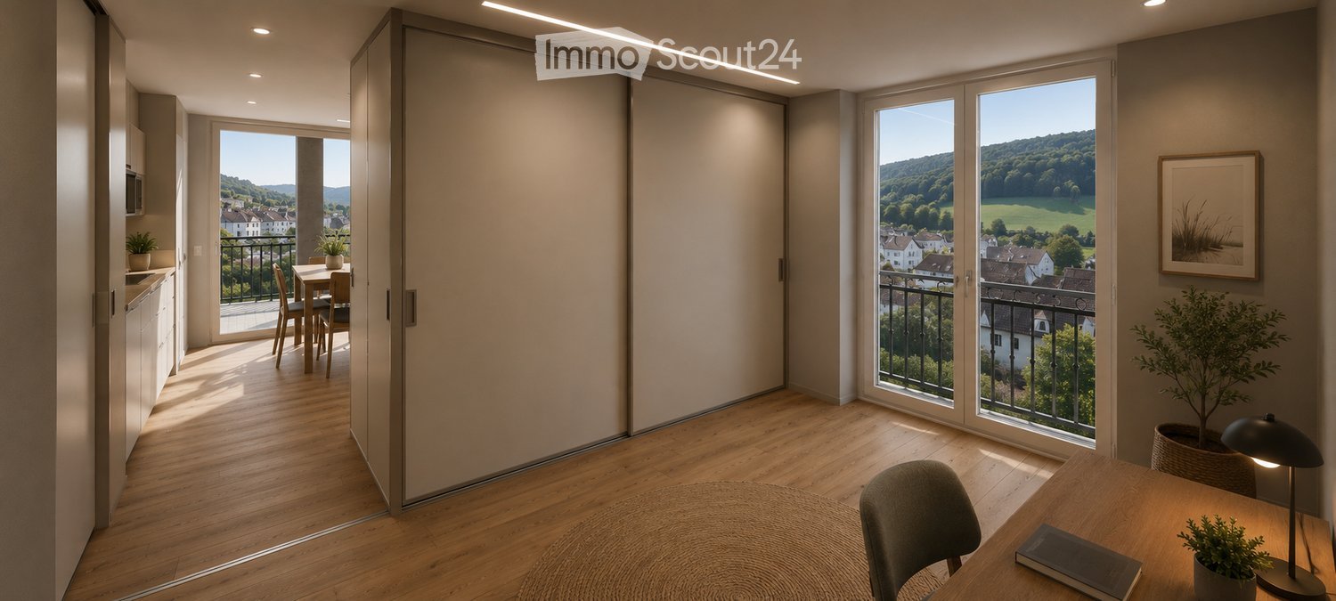 Bright, modern room with wooden flooring, large windows offering a scenic view, a dining area with a table and chairs, a kitchen area with cabinets and a microwave, and a workspace with a desk, chair, lamp, and potted plant.