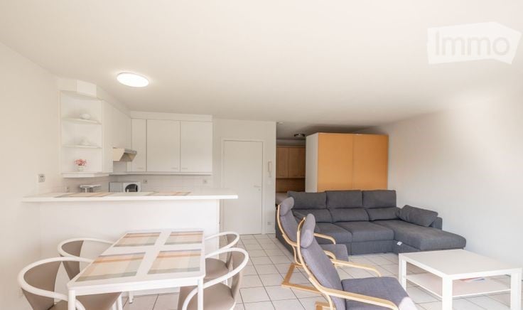 Bright, modern open-plan living and dining area with a grey sectional sofa, white coffee table, dining table with chairs, and a small kitchen area with white cabinets and a microwave.