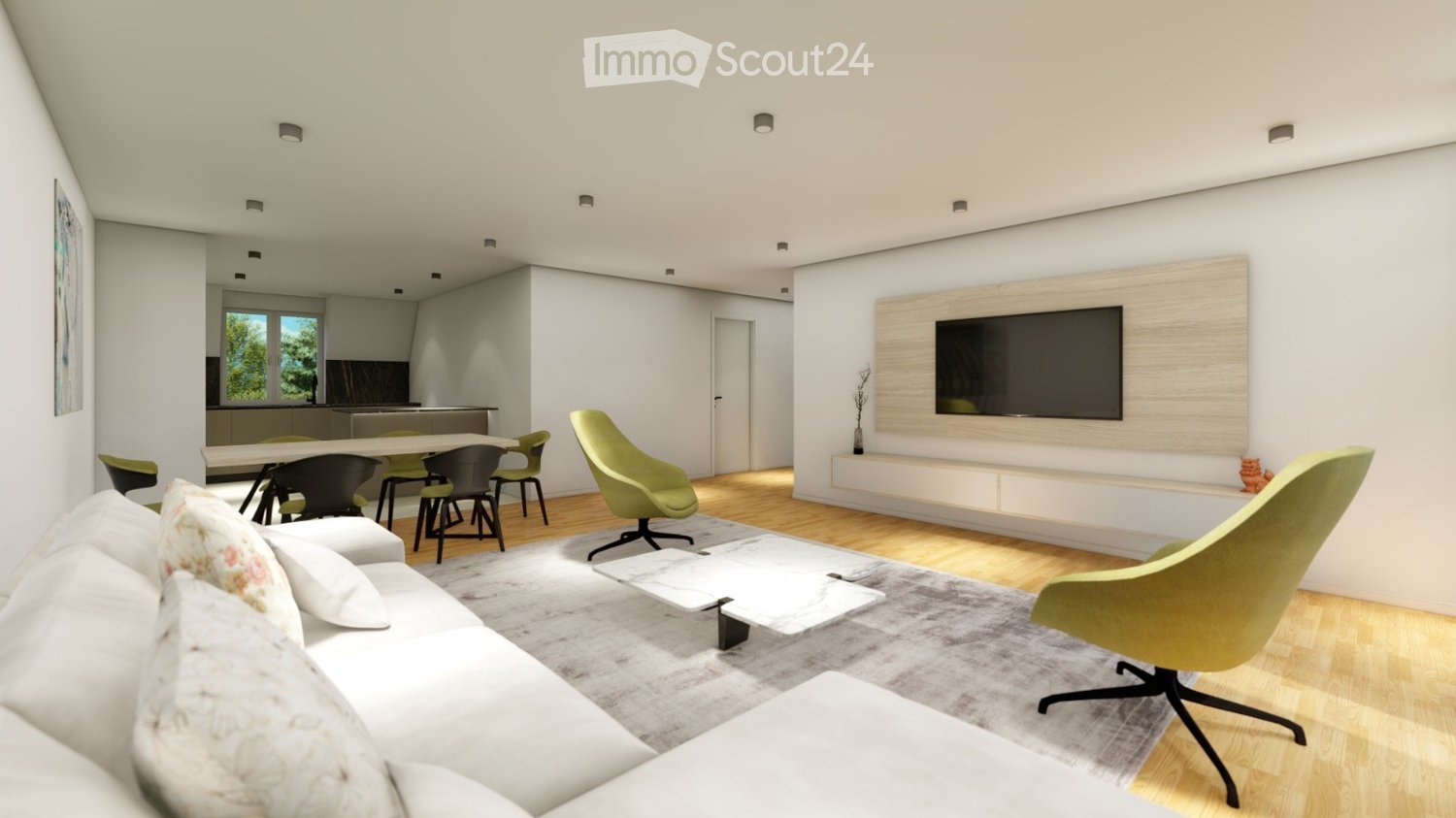 Living room, gray carpet, white sofa, wooden floor, TV on wall, green swivel chairs, marble coffee table, dining table with 6 chairs, wooden TV unit with a television