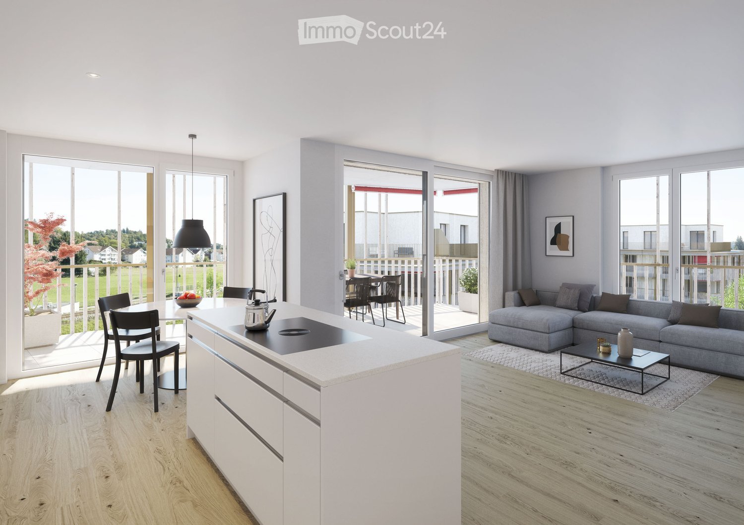 Modern open-plan living and dining area with a grey sectional sofa, coffee table, kitchen island, dining chairs, and a view to a balcony.