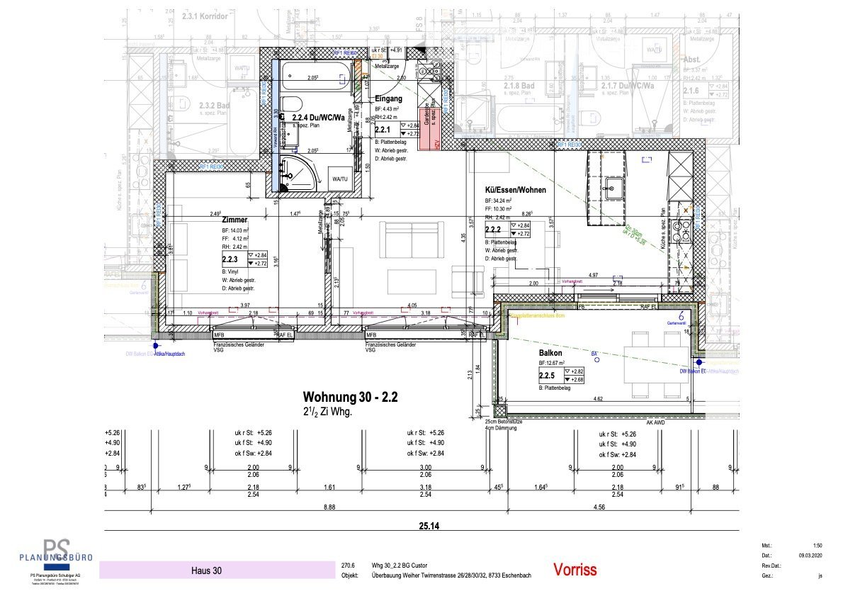 Floor plan of a 2.5-room apartment, including living room, kitchen, 2 bedrooms, 2 bathrooms, and a balcony.