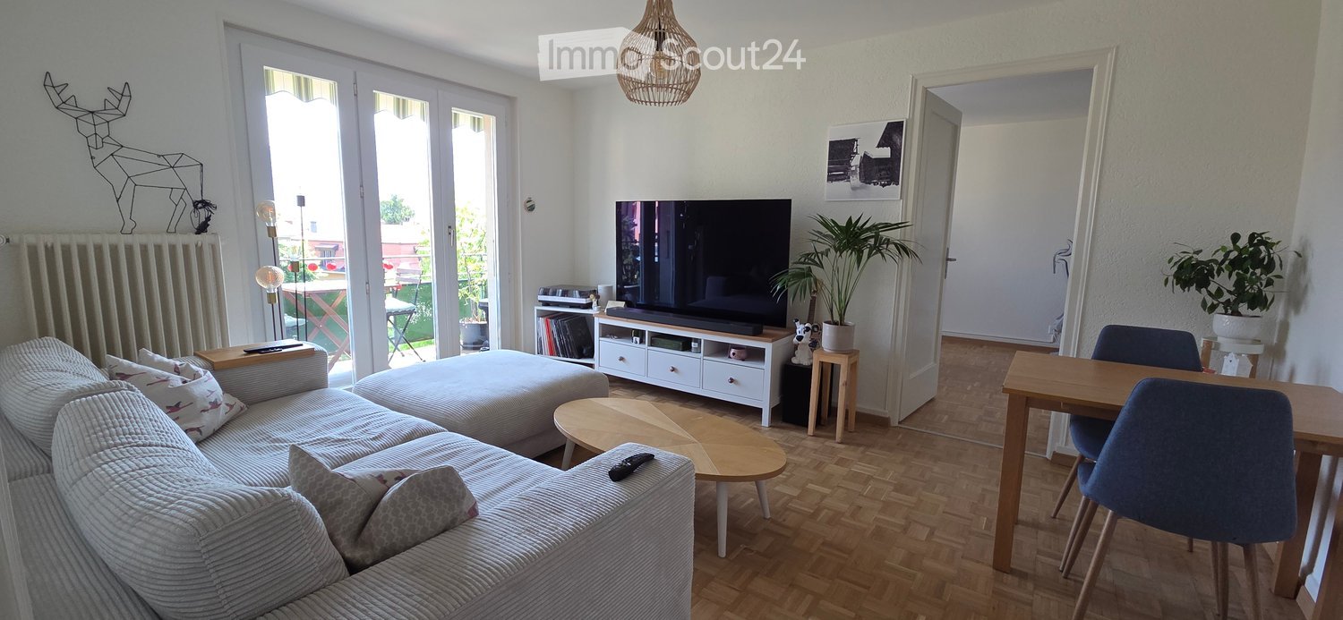 Modern living room with a grey sofa, ottoman, coffee table, TV, dining table, chairs, and plants. Features large windows with a view and a radiator.